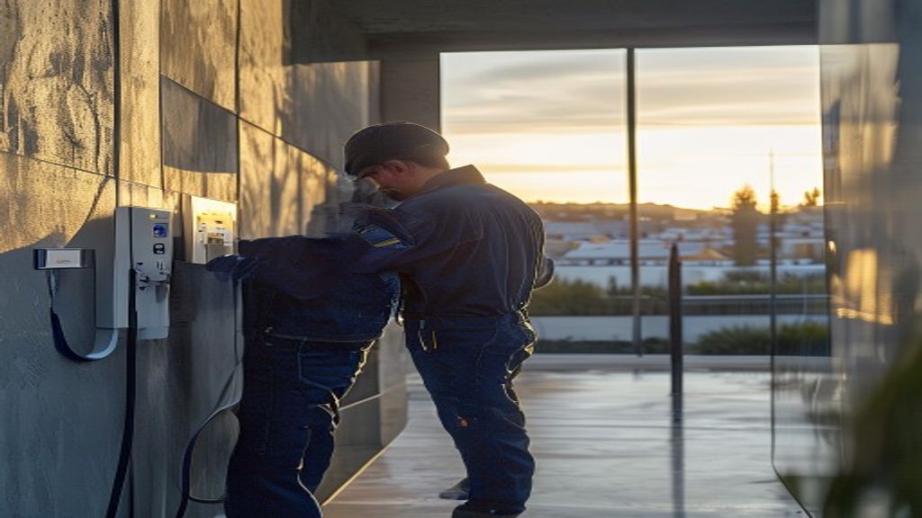 Électricien Lumen Élec Lyon installant une borne de recharge Wallbox Pulsar Plus dans le garage d'une villa contemporaine de Villeurbanne, lumière dorée fin d'après-midi