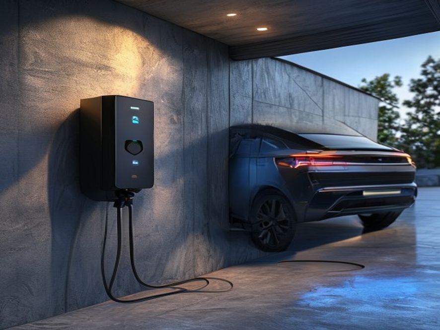 Borne de recharge IRVE Wallbox Pulsar Plus posée sur mur béton ciré